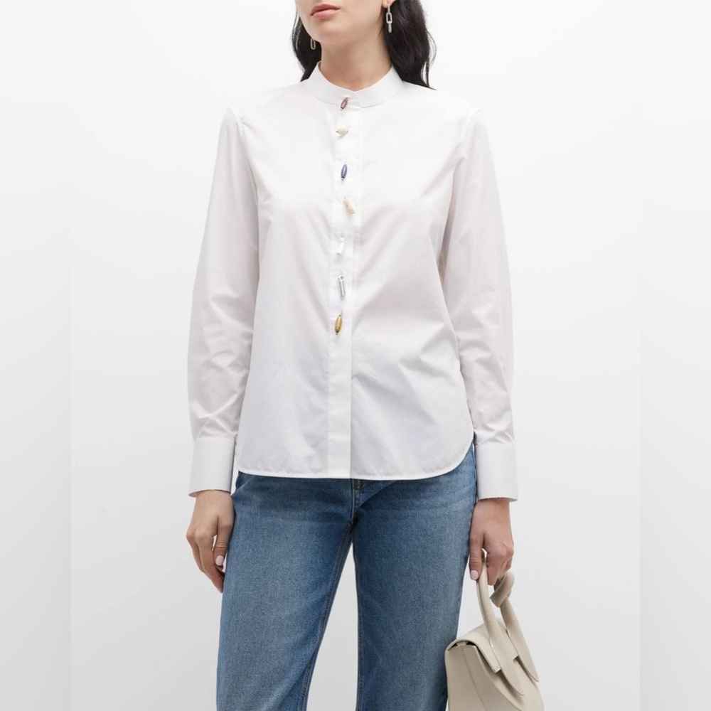 New Tory Burch Beaded Band-collar Poplin Tunic In White - Picture 4 of 7